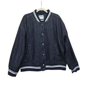 Old Navy Womens XL Denim Bomber Jacket Dark Wash Varsity Letterman Snap Front
